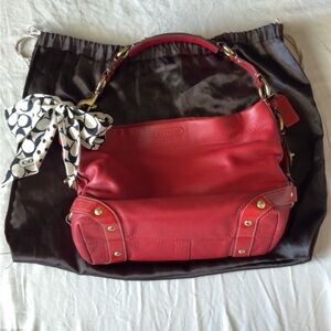 Coach Red Leather Shoulder Bag with Patterned Scarf